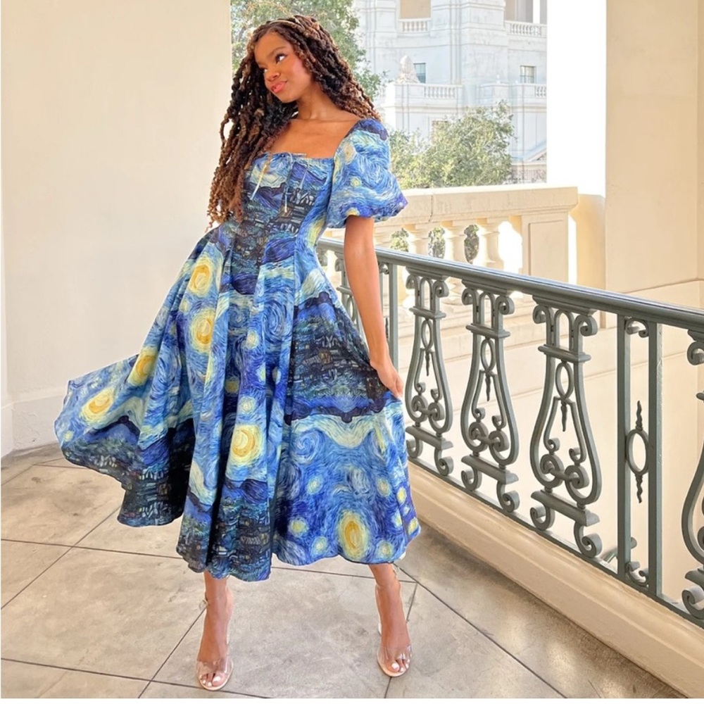 Selkie Starry Starry Nights Blue Celestial Puff Sleeve Day Dress Medium Van Gogh